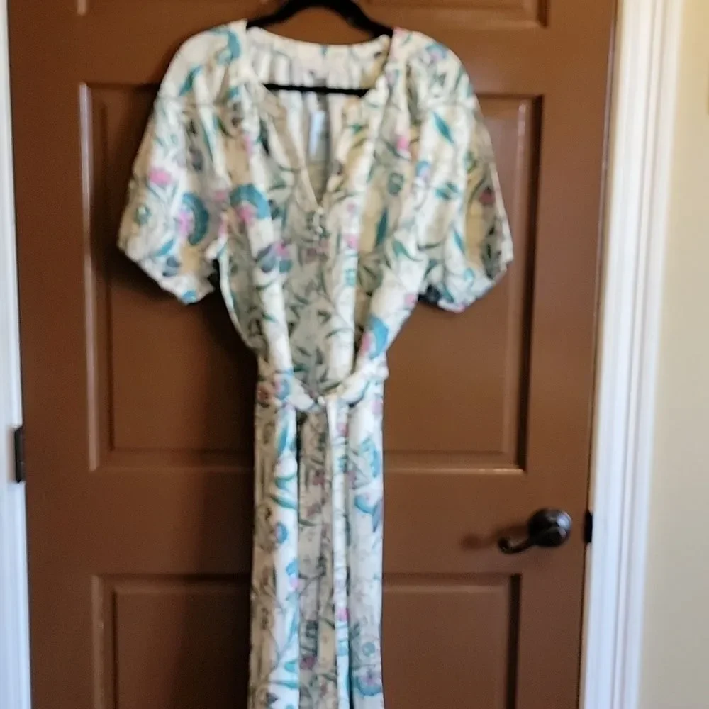 Loft-Linen iv, teal pink, print dress. Short sleeves. XLP. NWT.